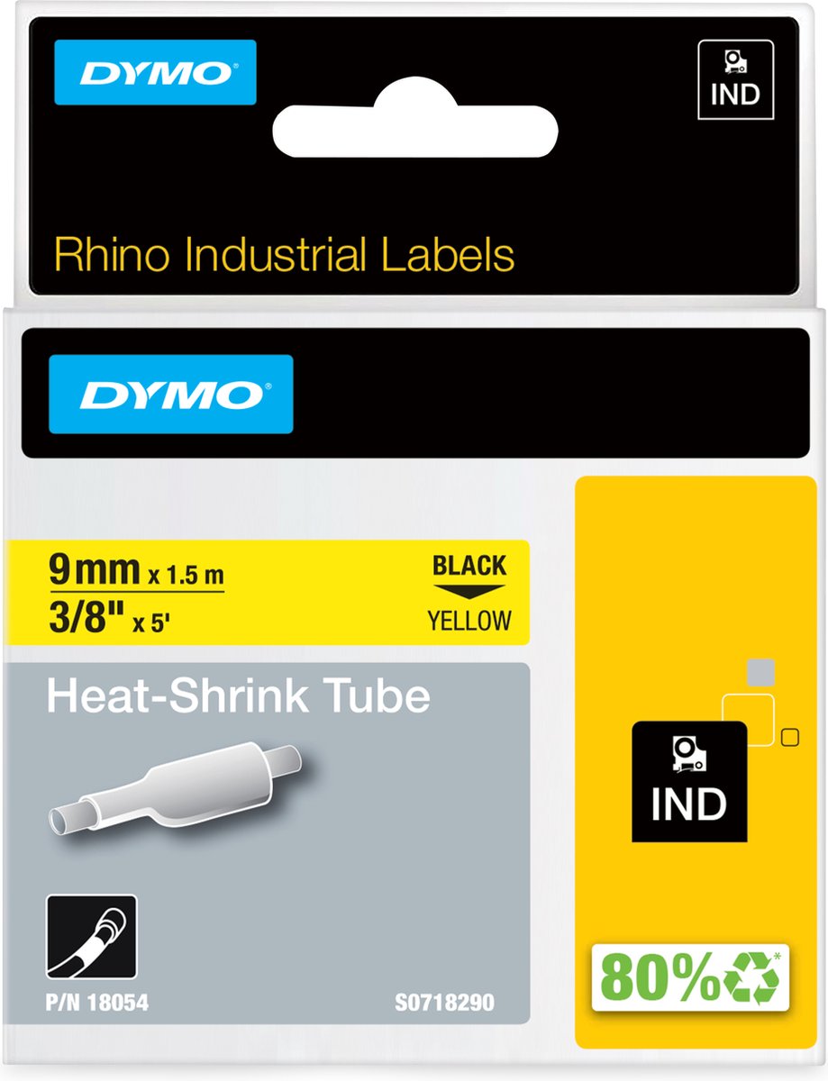 Dymo Rhino industrielle Schrumpfschlauchetiketten | 9mm x 1,5m | schwarzer Druck auf gelb | für Rhino-Etikettendrucker