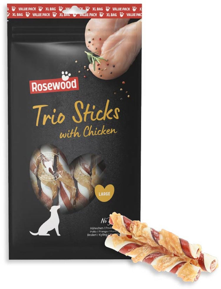 Rosewood Trio Sticks Hundesnack Huhn groß – stabile Kausticks aus Rindsleder – Vorteilspack 800 g – getreidefrei – ohne künstliche Zusatzstoffe