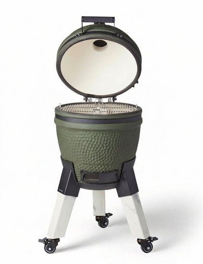 Moderner Original-Kamado – Beine aus Aluminium in Marmoroptik mit Rädern mit Bremsen – 8 bis 12 Personen – grün