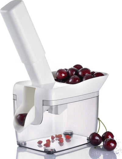 Westmark Kirschentstapler mit Trichter, Kernkasten und Rezeptheft, Höhe: 30 cm, Edelstahl-Kunststoff, Kernfix, weiß dunkelgrau transparent, 40352260