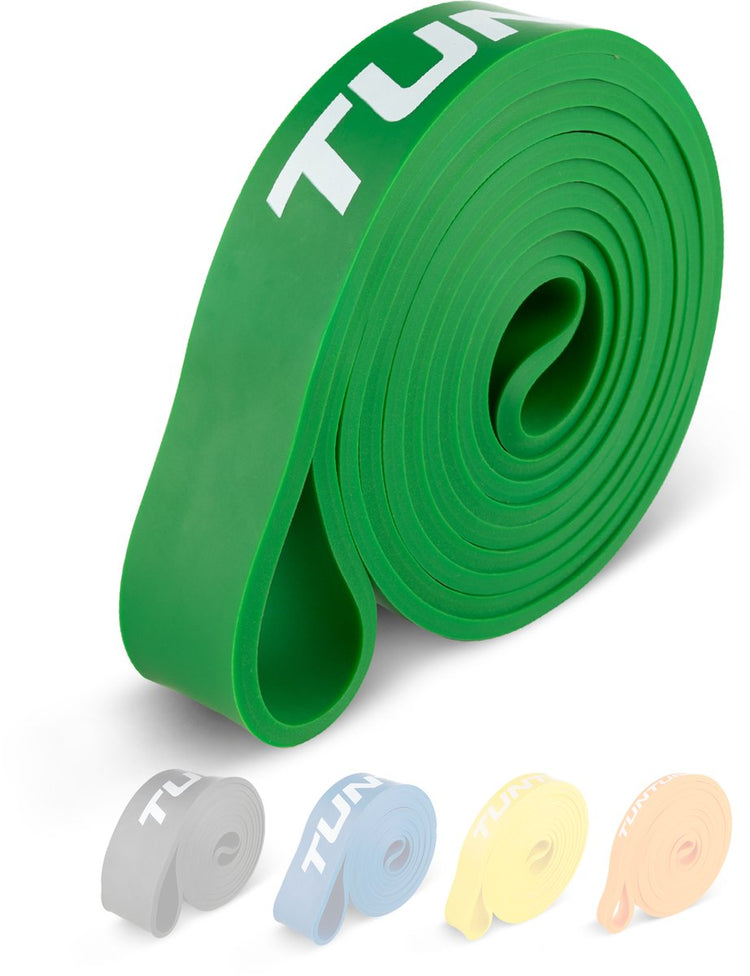 Tunturi Powerband – Widerstandsband 10 bis 35 kg – Klimmzug-Widerstandsband – Fitness-Gummiband – 104 cm – inkl. Trainings-App – grün