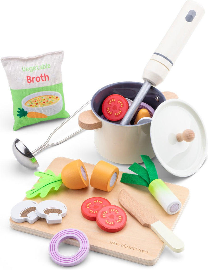 Woet® Holzspielzeug-Suppenset – Spielzeugset „Machen Sie Ihre eigene Suppe“ – FSC – inklusive Gemüse, Schneidepfanne, Pfannenkelle – Spielzeugessen – Rollenspiel-Küchenset – ab 2 Jahren