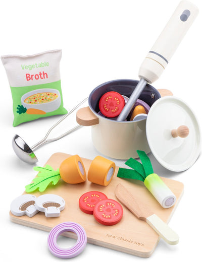 Woet® Holzspielzeug-Suppenset – Spielzeugset „Machen Sie Ihre eigene Suppe“ – FSC – inklusive Gemüse, Schneidepfanne, Pfannenkelle – Spielzeugessen – Rollenspiel-Küchenset – ab 2 Jahren