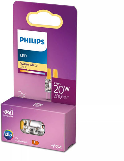 Philips LED-Energiesparkapsel transparent – 20 W – G4 – warmweißes Licht – 2 Stück – Energiekosten sparen