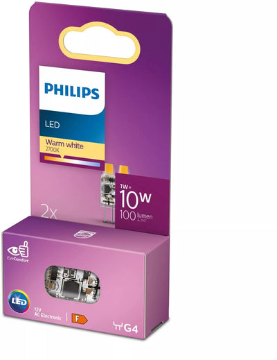 Philips LED-Energiesparkapsel transparent – 10 W – G4 – warmweißes Licht – 2 Stück – Energiekosten sparen