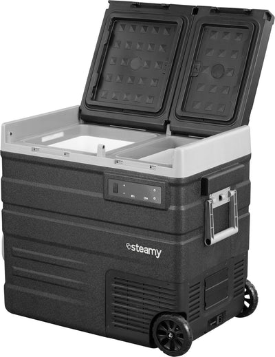Steamy-e Zweizonen-Roller-Kühlbox mit elektrischem Kompressor auf Rädern – Doppelzone – 57 Liter – 12 V und 230 V – für Auto und Camping – Schwarz