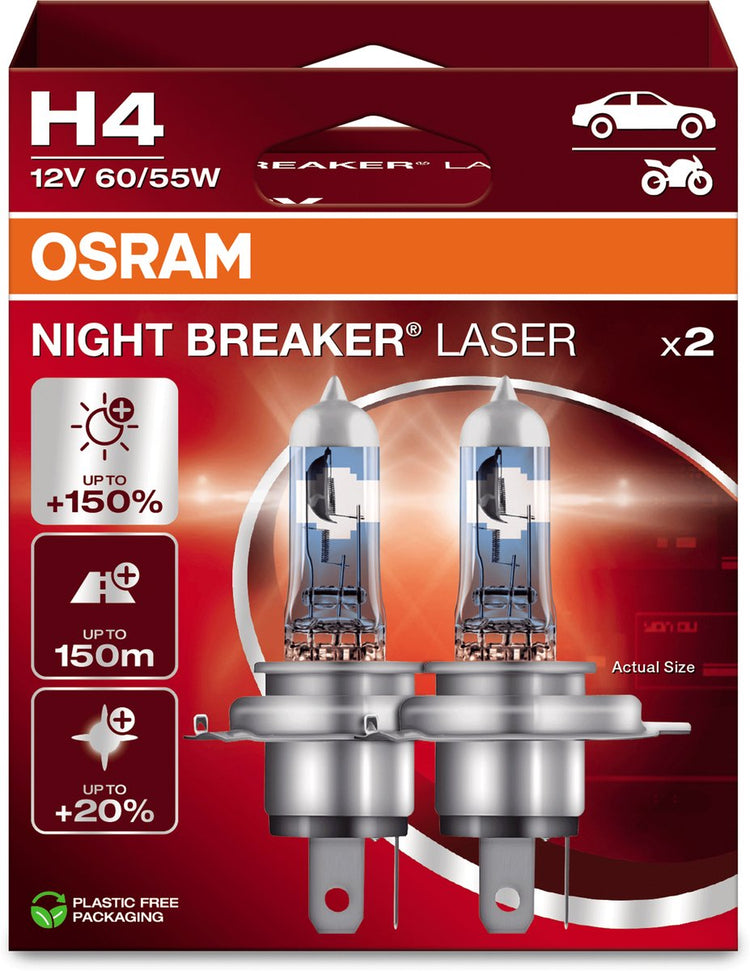 Osram Night Breaker Laser – H4-Halogen-Autolampen – bis zu 150 % mehr Licht und 150 m Sichtbarkeit – 64193nl-2hb – deutsche Qualität – Set mit 2 Lampen