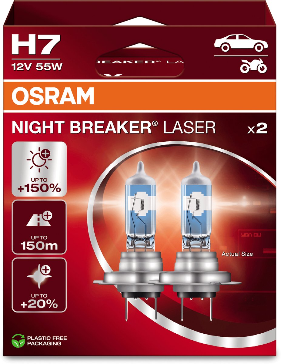 Osram Night Breaker Laser – H7-Halogen-Autolampen – bis zu 150 % mehr Licht und 150 m Sichtbarkeit – 64210nl-2hb – deutsche Qualität – Set mit 2 Lampen