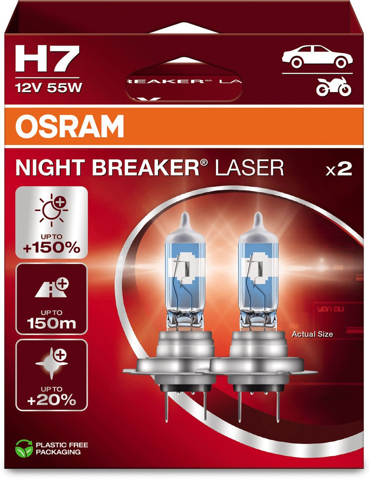 Osram Night Breaker Laser – H7-Halogen-Autolampen – bis zu 150 % mehr Licht und 150 m Sichtbarkeit – 64210nl-2hb – deutsche Qualität – Set mit 2 Lampen
