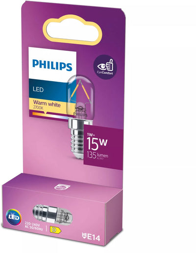 Philips LED-Lampe – T20-Lampenform – Kühlschranklampe mit E14-Fassung – warmweißes Licht: 2700 K – 15 W – klares Glas