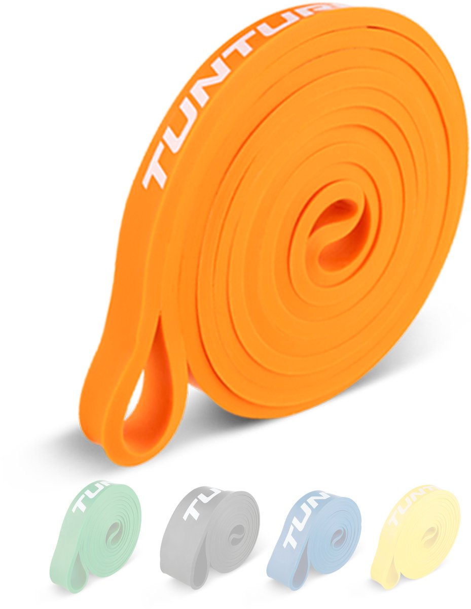 Tunturi Powerband – Widerstandsband 2 bis 15 kg – Klimmzug-Widerstandsband – Fitness-Gummiband – 104 cm – inkl. Trainings-App – Orange