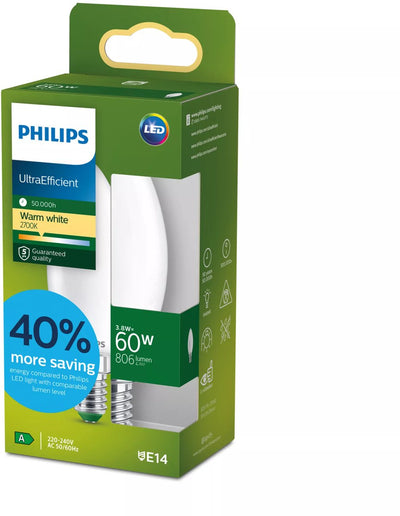 Philips LED Ultraeffiziente LED-Lampe von Philips – 60 W – E14-Fassung – warmweißes Licht: 2700 K – Milchglas – B35-Kerzenlampe – lange Lebensdauer