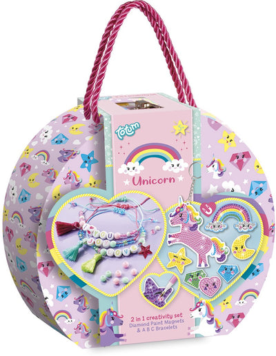 Totum Einhorn-Bastelkoffer 2 in 1 zum Basteln von Buchstabenarmbändern und Diamantfarben-Magneten – 250-teiliges Bastelset, Spielzeug für Mädchen ab 5 Jahren, Bastel-Geschenktipp