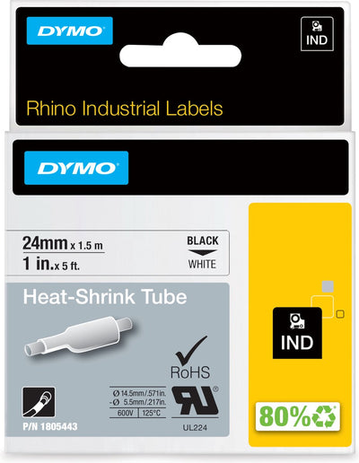 Dymo Rhino industrielle Schrumpfschlauchetiketten | 24 mm x 1,5 m | schwarzer Druck auf weiß | für Rhino-Etikettendrucker