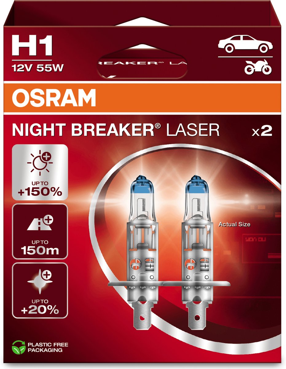 Osram Night Breaker Laser – H1-Halogen-Autolampen – bis zu 150 % mehr Licht und 150 m Sichtbarkeit – 64150nl-2hb – Set mit 2 Lampen