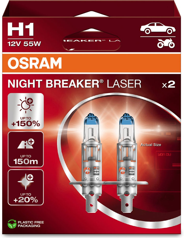 Osram Night Breaker Laser – H1-Halogen-Autolampen – bis zu 150 % mehr Licht und 150 m Sichtbarkeit – 64150nl-2hb – Set mit 2 Lampen