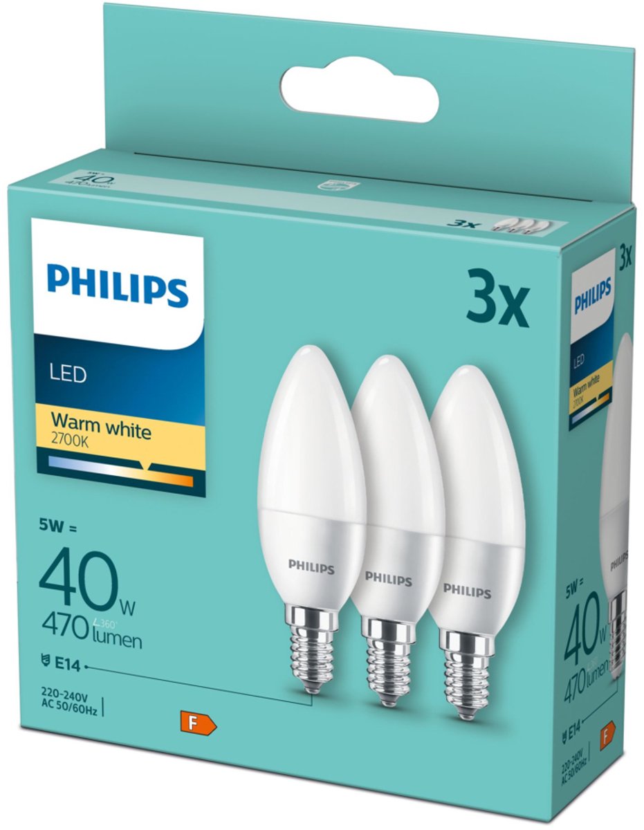 Philips LED Vorteilspack 3 Stück Kerzenlampe E14 5W - 2700K 470lm 230V - matt - B35 - ersetzt 40W - warmweißes Licht