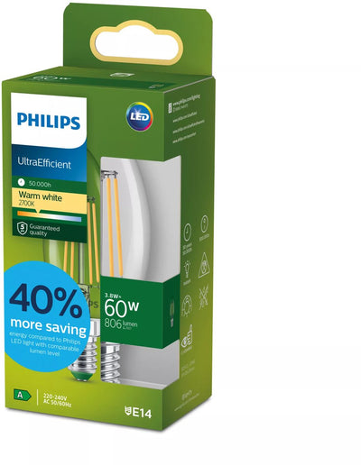 Philips LED Ultraeffiziente LED-Lampe von Philips – 60 W – E14-Fassung – warmweißes Licht: 2700 K – klares Glas – B35-Kerzenlampe – lange Lebensdauer