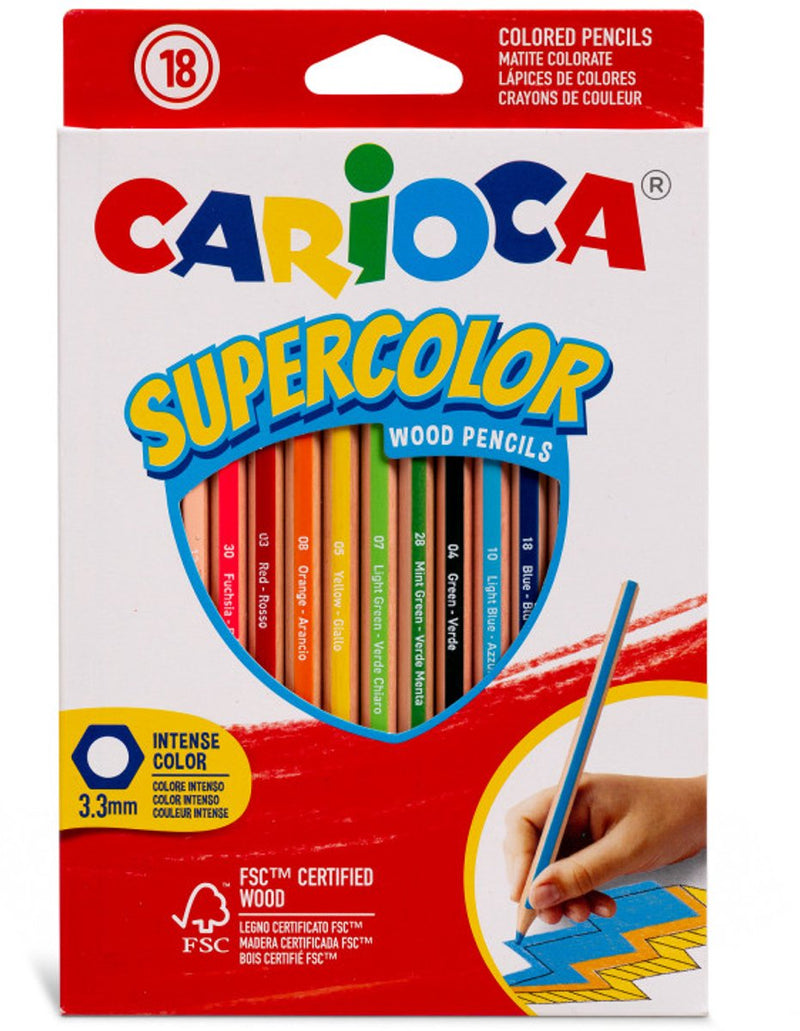 Carioca Supercolor-Buntstifte – 18 leuchtende Farben – sechseckig – Holz-Buntstifte – starker Kern – leicht zu spitzen