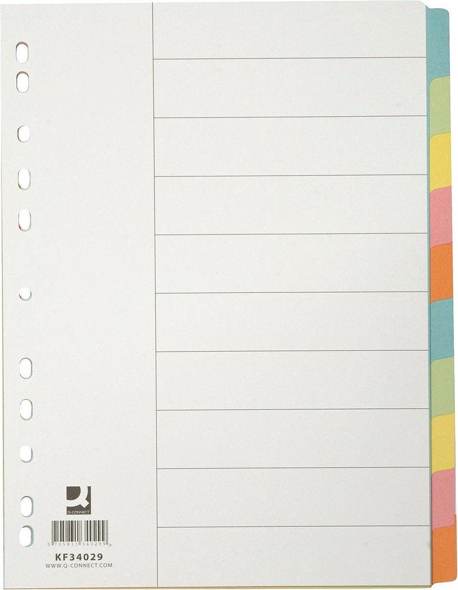 Q-Connect Tabs, A4, Karton, 11-Loch-Perforation, 10 Tabs, farbig sortiert 25 Stück