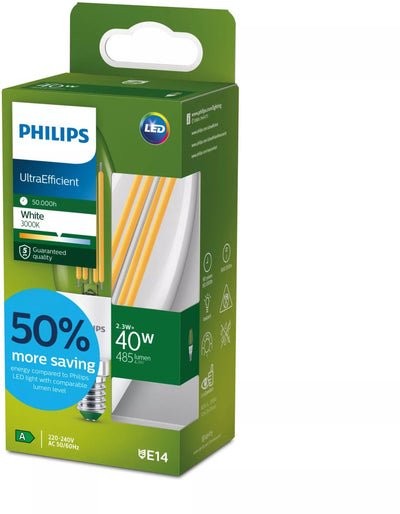 Philips LED Philips ultraeffiziente LED-Kerzenlampe transparent – 40 W – E14 – weißes Licht
