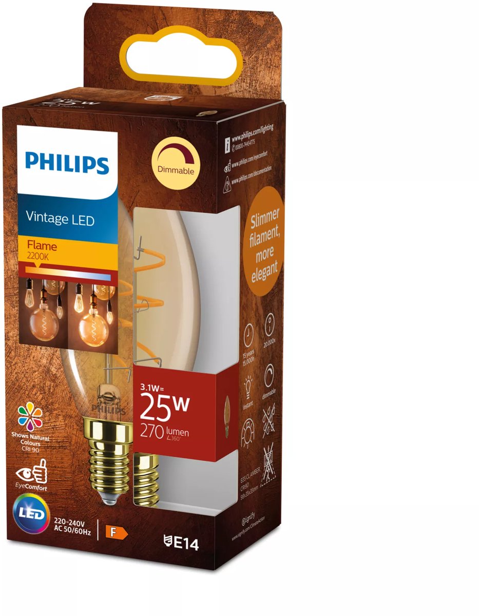 Philips LED Philips Vintage LED – dimmbare Lampe – 25 W – extra warmweißes Licht: 2200 K – E14-Fassung – bernsteinfarbenes Glas – Kerzenlampe