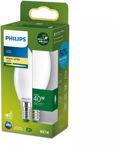 Philips LED Philips ultraeffiziente LED – Kerzenlampe – matt – 40 W – E14-Fassung – dimmbares warmweißes Licht – Energielabel a