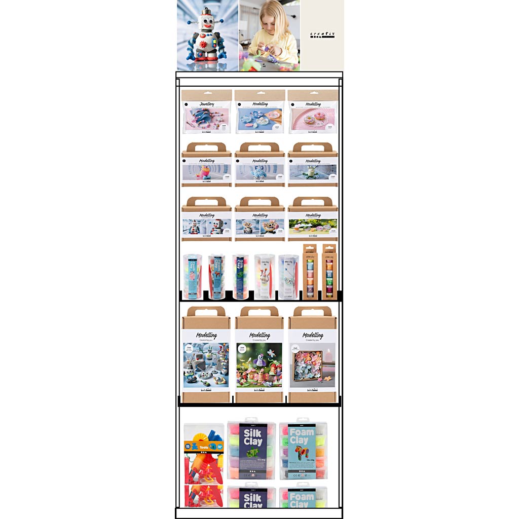 Bodendisplay der Firma Creativ, unmontiert, Kategorie, Modellieren für Kinder, H: 1580 mm, L: 600 mm, B: 400 mm, 96 Einheiten. 1 Stück