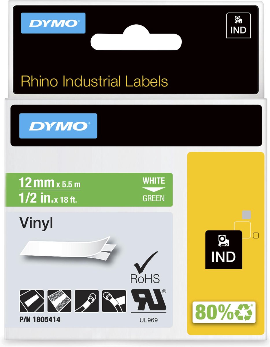 Dymo Rhino Industrie-Vinyletiketten | 12 mm x 5,5 m | weißer Druck auf Grün | Selbstklebende Etiketten für Rhino Label Manager-Etikettendrucker