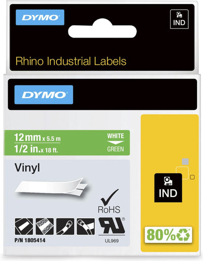 Dymo Rhino Industrie-Vinyletiketten | 12 mm x 5,5 m | weißer Druck auf Grün | Selbstklebende Etiketten für Rhino Label Manager-Etikettendrucker