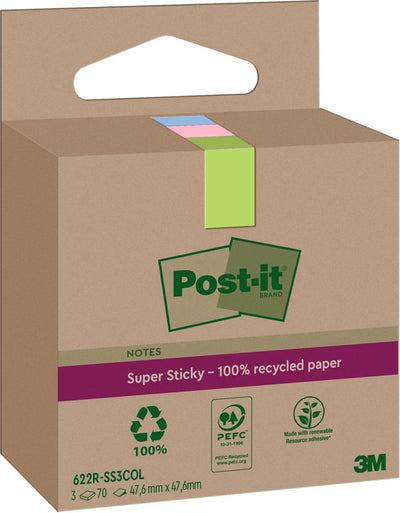 Post-it Super-Haftnotizen recycelt | 70 Blatt | Fuß 47 | 6x47 | 6mm | sortiert | Packung mit 3 Blöcken