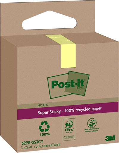 Post-it Super-Haftnotizen recycelt | 70 Blatt | Fuß 47 | 6x47 | 6mm | gelb | Packung mit 3 Blöcken