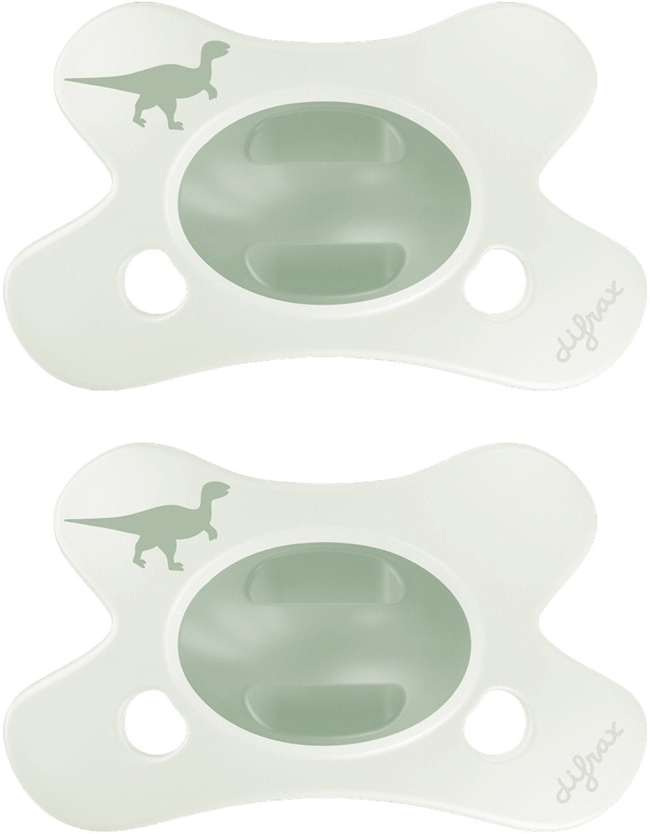 Difrax natürlicher Schnuller – 0 bis 6 Monate – Dino – grüner Dino-Aufdruck – 2 Stück