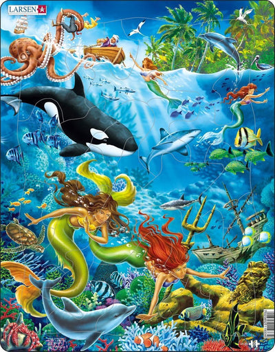 Larsen Meerjungfrauen – Puzzle – Fantasie und Geschichte – Meerjungfrauen – Lernpuzzle für Kinder – 32 Teile – hergestellt in Norwegen – extra dicke 2,5 mm Teile – Tablett mit festem Rand