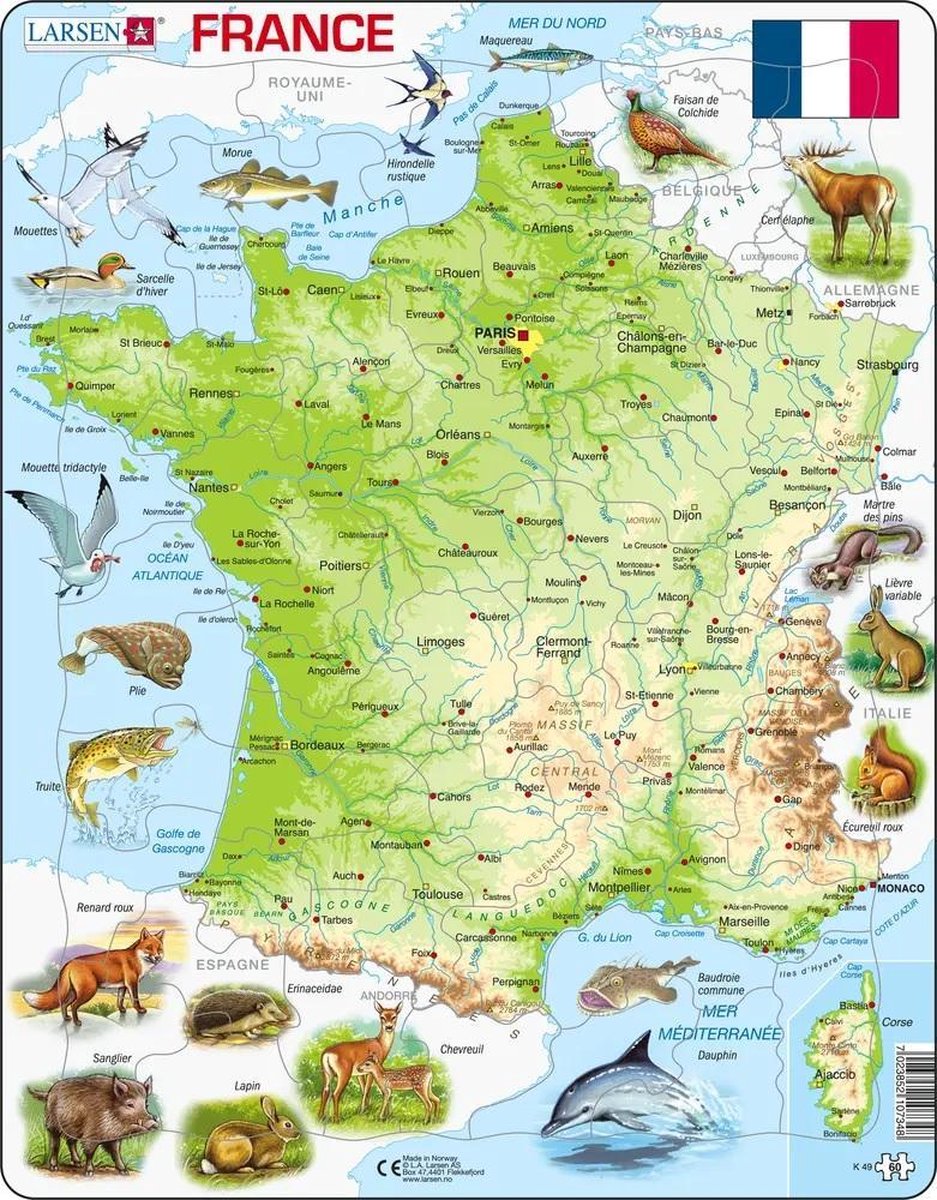 Larsen Carte Physique de la France – Puzzle – Frankreich – Geographie Physique – Puzzle éducatif pour enfants – 60 Teile – hergestellt in Norwegen – Teile mit einer Stärke von 2,5 mm – Plateau mit festem Rand
