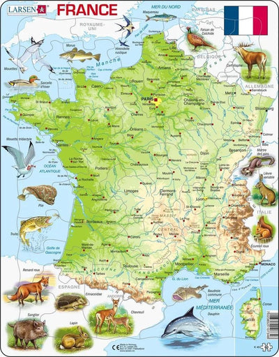 Larsen Carte Physique de la France – Puzzle – Frankreich – Geographie Physique – Puzzle éducatif pour enfants – 60 Teile – hergestellt in Norwegen – Teile mit einer Stärke von 2,5 mm – Plateau mit festem Rand