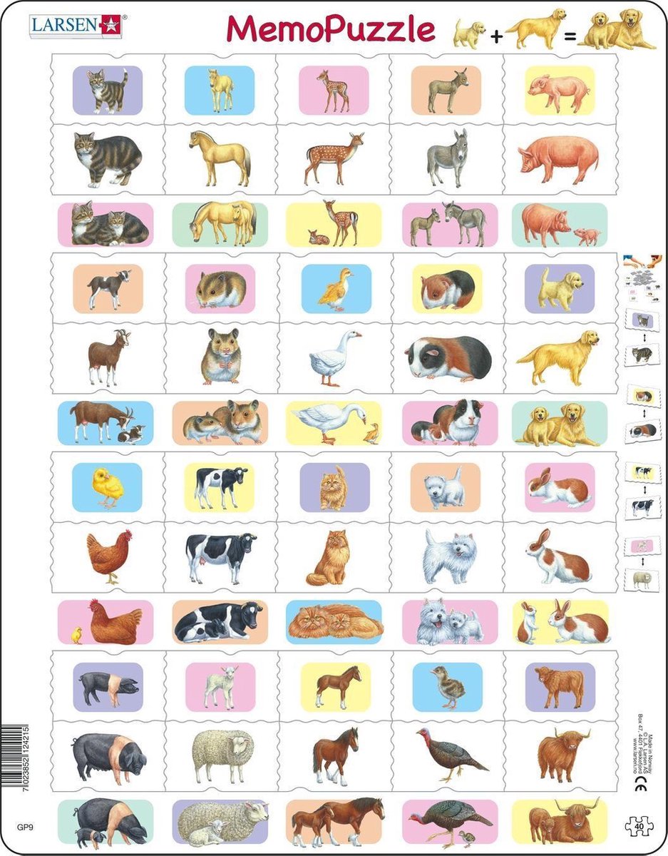 Larsen Eltern und Babys – Puzzle – Tiere – Jungtiere – Lernpuzzle für Kinder – 40 Teile – hergestellt in Norwegen – extra dicke 2,5 mm Teile – Tablett mit festem Rand