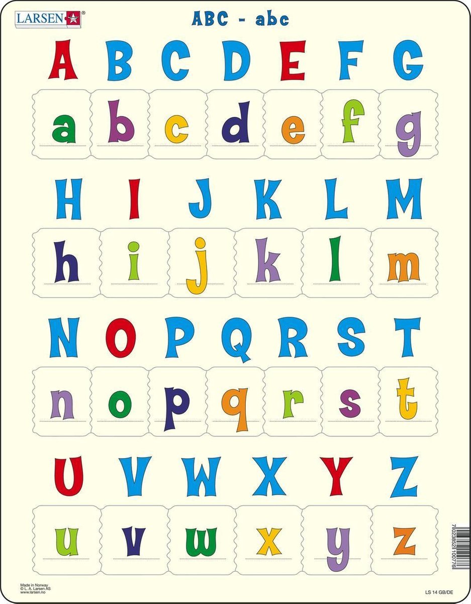 Larsen Groß- und Kleinbuchstaben – Puzzle – Lesen lernen – Buchstaben – Lernpuzzle für Kinder – 26 Teile – hergestellt in Norwegen – extra dicke 2,5 mm Teile – Tablett mit festem Rand