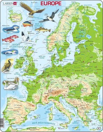 Larsen Carte Topographique de l'Europe – Puzzle – Europa – Geographie-Körper – Puzzle éducatif pour enfants – 87 Teile – hergestellt in Norwegen – Teile extra épaisses de 2,5 mm – Plateau mit fester Platte