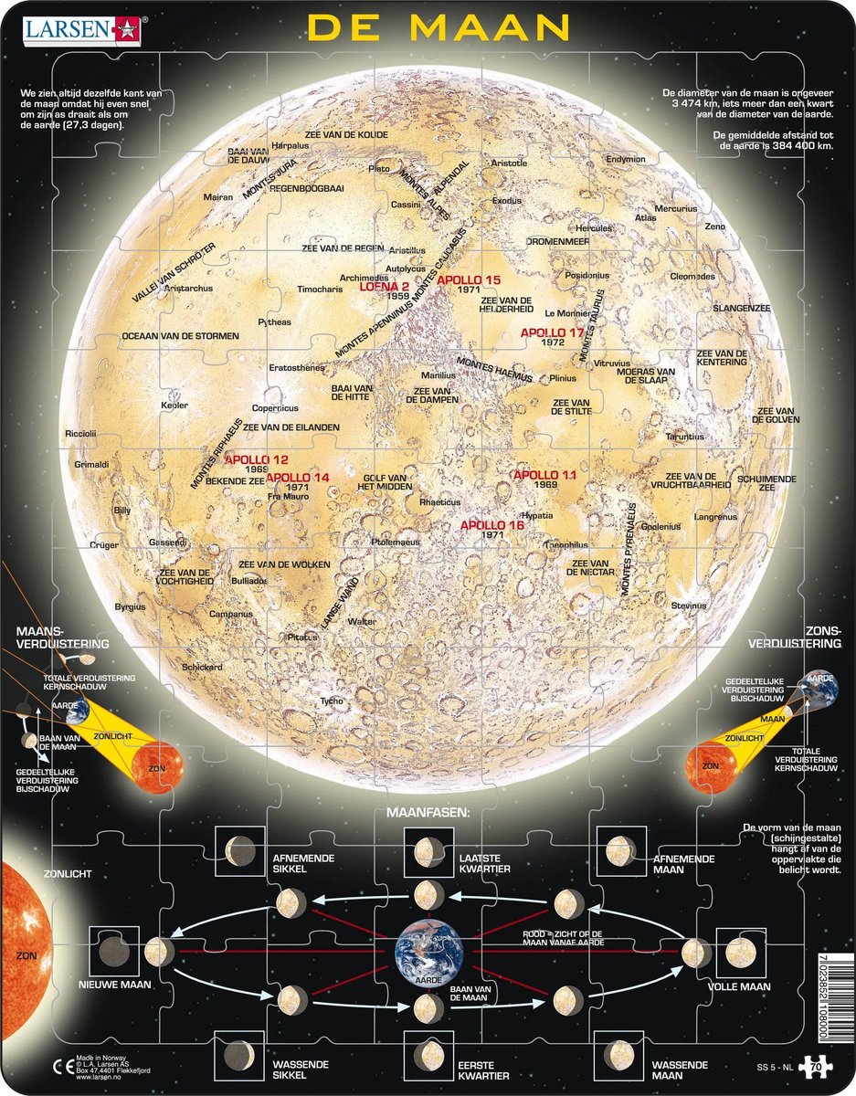 Larsen der Mond – Puzzle – Weltraumwissenschaft – Mond – Lernpuzzle für Kinder – 70 Teile – hergestellt in Norwegen – extra dicke 2,5 mm Teile – Tablett mit festem Rand