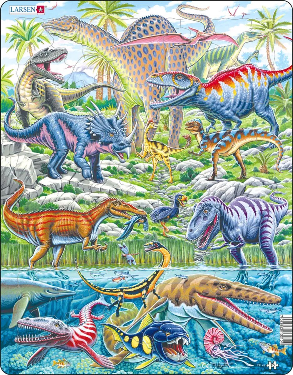 Larsen-Dinosaurier, die fliegen, rennen und tauchen – Puzzle – Tiere – Vorgeschichte – Lernpuzzle für Kinder – 70 Teile – hergestellt in Norwegen – extra dicke 2,5 mm Teile – Tablett mit festem Rand