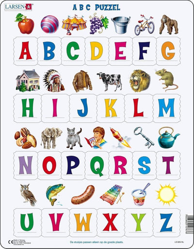 Larsen ABC mit Bildern – Puzzle – Lesen lernen – Alphabet – Lernpuzzle für Kinder – 26 Teile – hergestellt in Norwegen – extra dicke 2,5 mm Teile – Tablett mit festem Rand