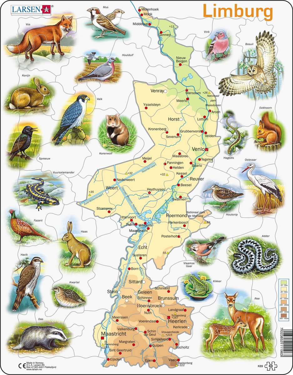 Larsen Limburg mit Tieren – Puzzle – Geographiekarten – Niederlande – Lernpuzzle für Kinder – 60 Teile – hergestellt in Norwegen – extra dicke 2,5 mm Teile – Tablett mit festem Rand