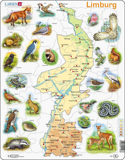 Larsen Limburg mit Tieren – Puzzle – Geographiekarten – Niederlande – Lernpuzzle für Kinder – 60 Teile – hergestellt in Norwegen – extra dicke 2,5 mm Teile – Tablett mit festem Rand
