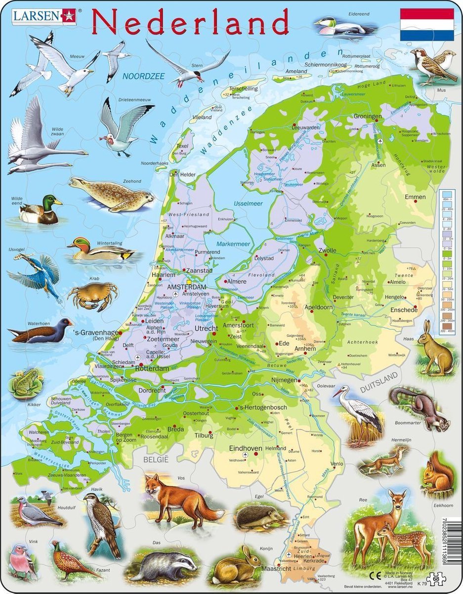 Selecta Larsen Pluzzle Karte Nederland - Geografisch mit Tieren, 68.