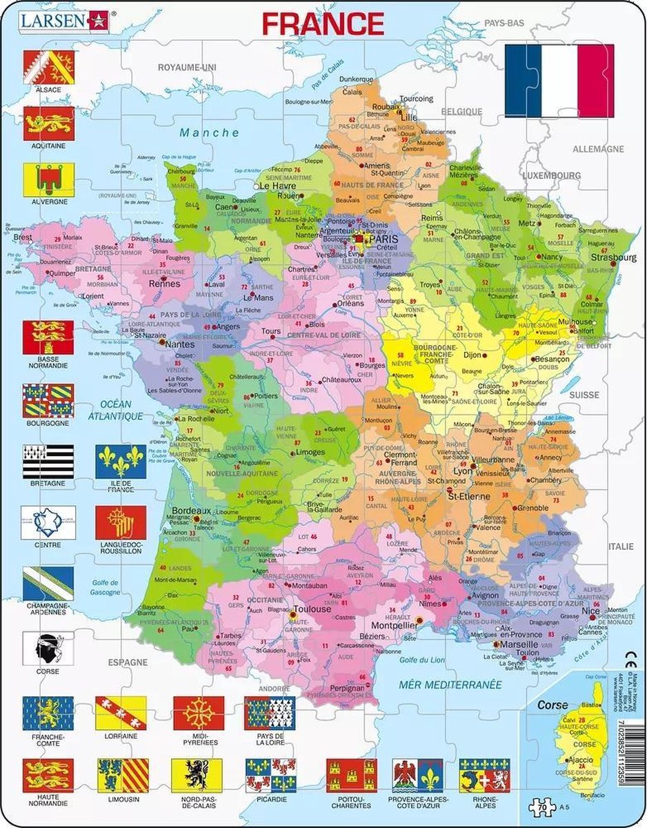 Larsen France Carte Politique – Puzzle – Frankreich – Regionen und Départements – Puzzle éducatif pour enfants – 70 Teile – hergestellt in Norwegen – Teile mit extra épaisses de 2,5 mm – Plateau mit festem Rand