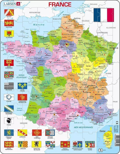 Larsen France Carte Politique – Puzzle – Frankreich – Regionen und Départements – Puzzle éducatif pour enfants – 70 Teile – hergestellt in Norwegen – Teile mit extra épaisses de 2,5 mm – Plateau mit festem Rand
