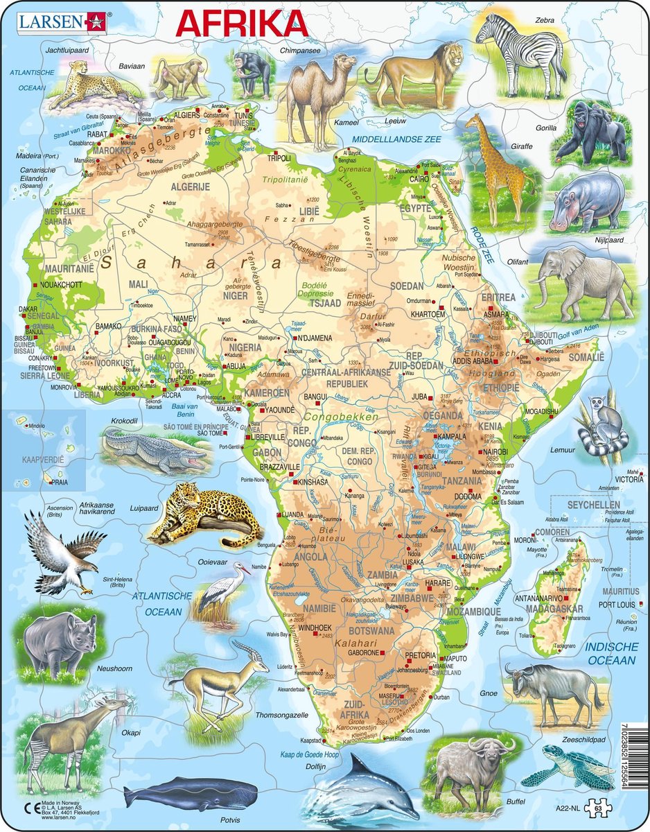 Larsen Afrika geografisch mit Tieren – Puzzle – Karten Geographie – Afrika – Lernpuzzle für Kinder – 63 Teile – hergestellt in Norwegen – extra dicke 2,5 mm Teile – Tablett mit festem Rand