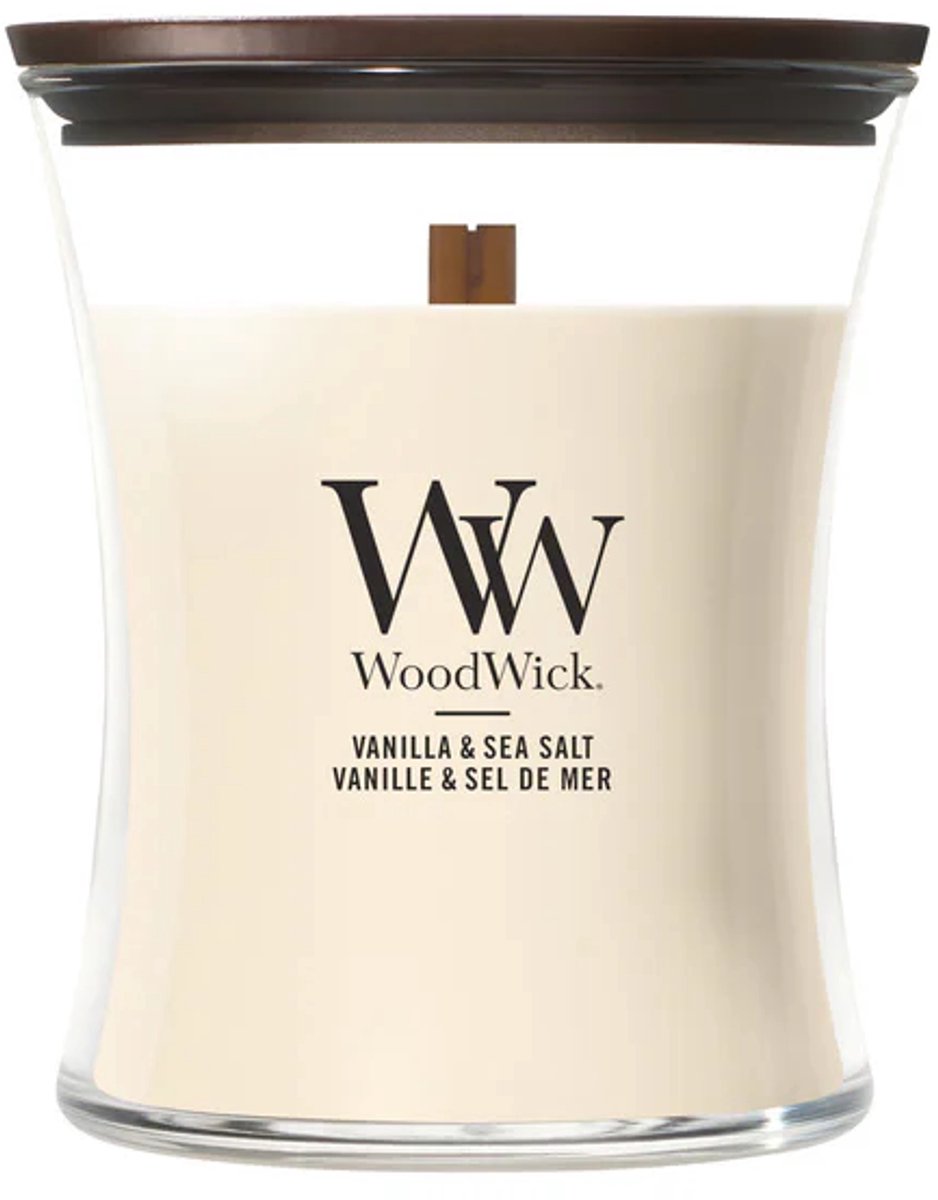 Mittlere Sanduhr-Duftkerze von Woodwick – Vanille-Meersalz – 60 Brennstunden