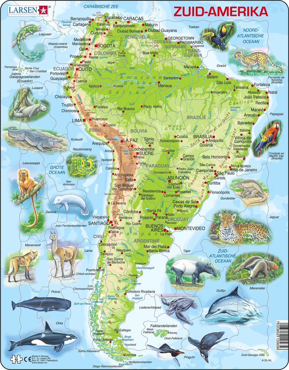 Selecta Larsen Pluzzle Map South, Amerika Geografisch mit Tieren, 65st.